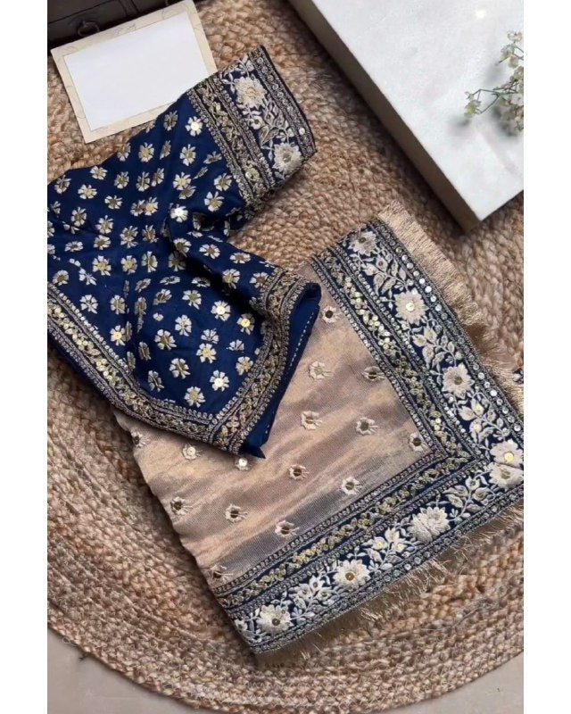 Designer Tissue Silk Embroidery Work Cream Saree With Blue Blouse