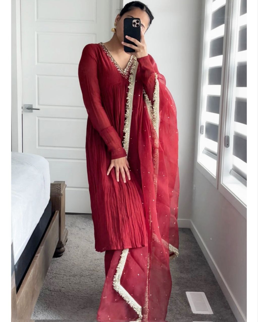 Designer Red Faux Georgette Embroidery Work Alia Cut Suit With Dupatta