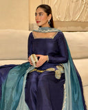 Ready To Wear Navy Blue Natural Crep Silk Embroidery Farshi Salwar Kurti With Dupatta