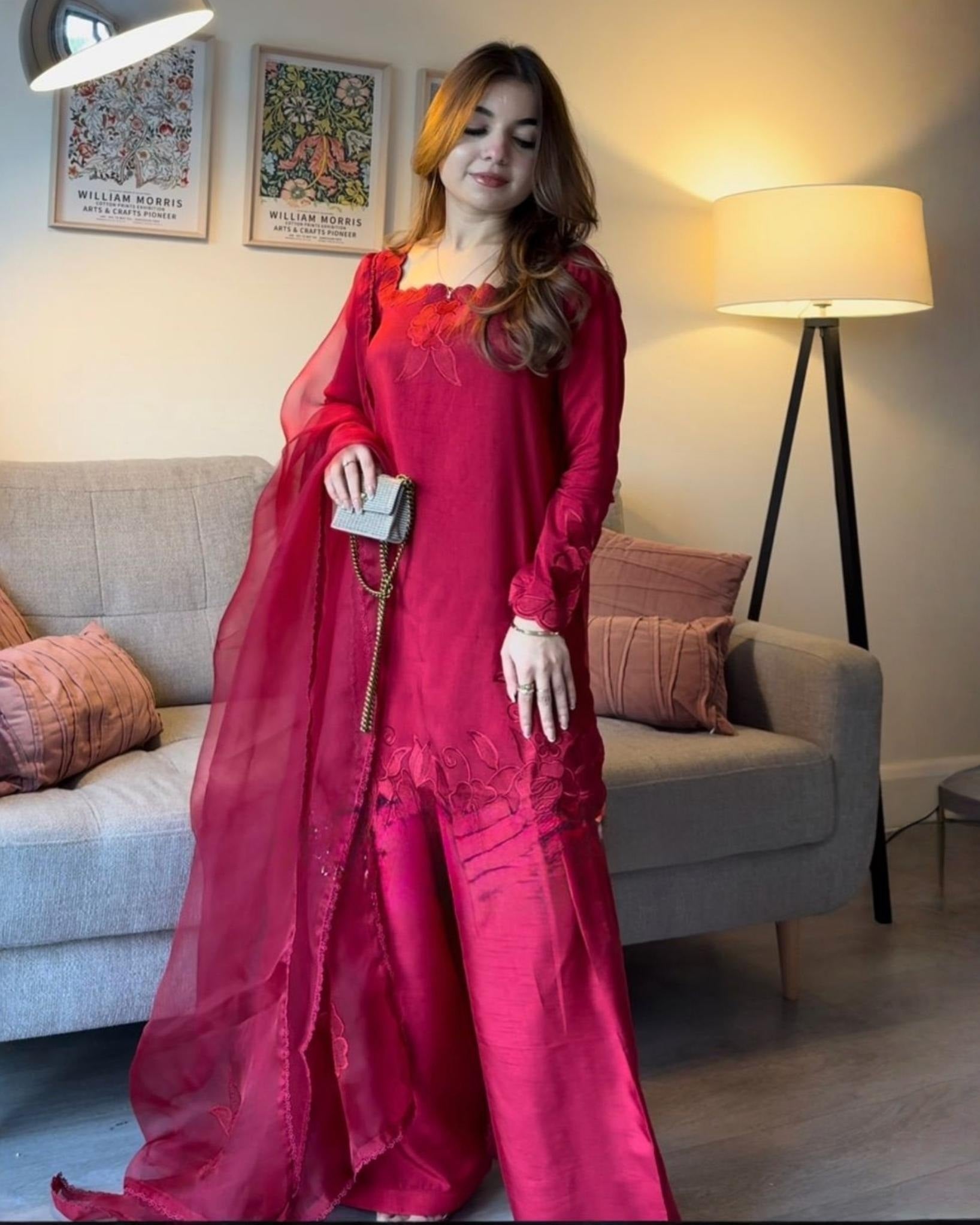 Ready To Wear Deep Wine Red Roman Silk Embroidery Farshi Salwar Kurti With Dupatta