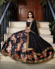 Designer Black Satin Zari Silk Floral Print  Work Lehenga Choli With Dupatta