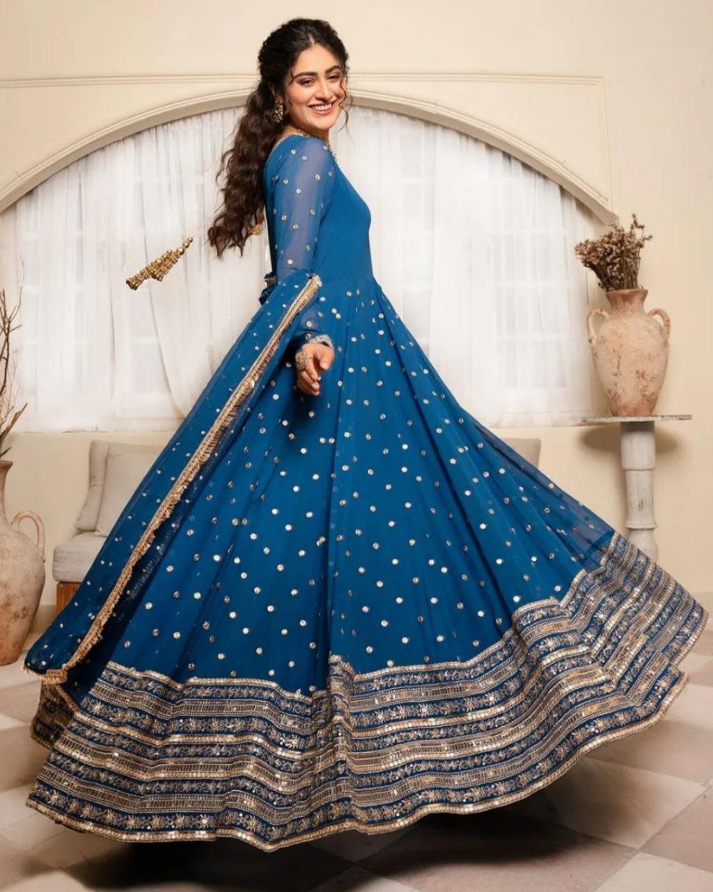 Ready To Wear Sky Blue Faux Georgette Sequence Work Anarkali Suit With Dupatta