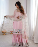 Ready To Wear Pink Premium French Silk Embroidery Sharara Kurti With Dupatta