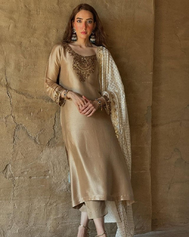 Ready To Wear Champagne Gold Shimmer Silk Kurti Pant With Dupatta