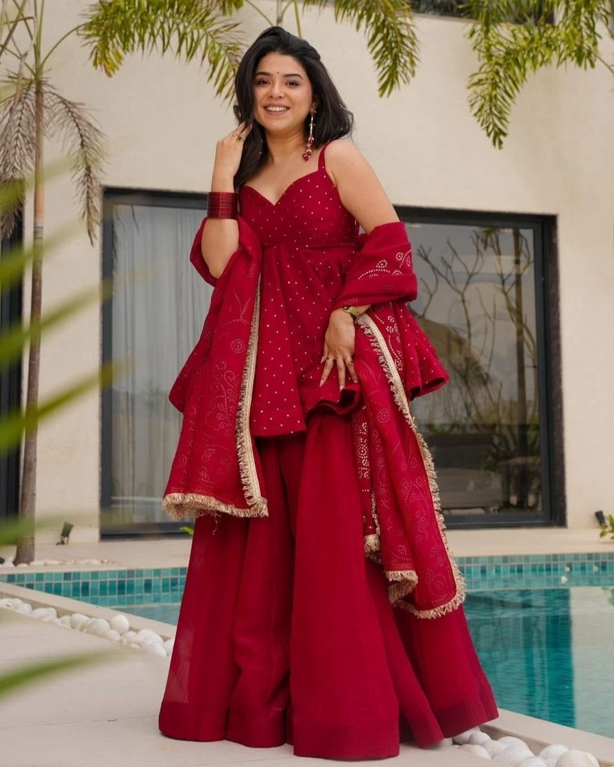 Ready To Wear Cream And Red Pure Taby Organza Silk Sharara Suit With Dupatta