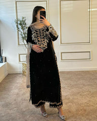 Ready To Wear Black Pure Georgette Fancy Embroidery Work Pakistani Suit With Dupatta