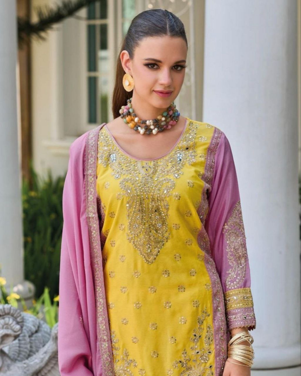 pink and yellow pakistani dresses Indian pakistani yellow haldi gharara palazo gota work kurta dupatta set ready to wear ethnic wedding gharara