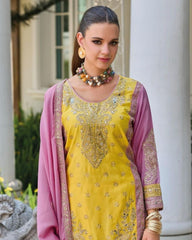 Ready To Wear Pure Georgette Embroidery Work Yellow Pakistani Suit With Pink Dupatta