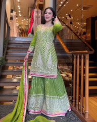 Ready To Wear Light Green Pure Georgette Embroidery Work Sharara Suit With Dupatta