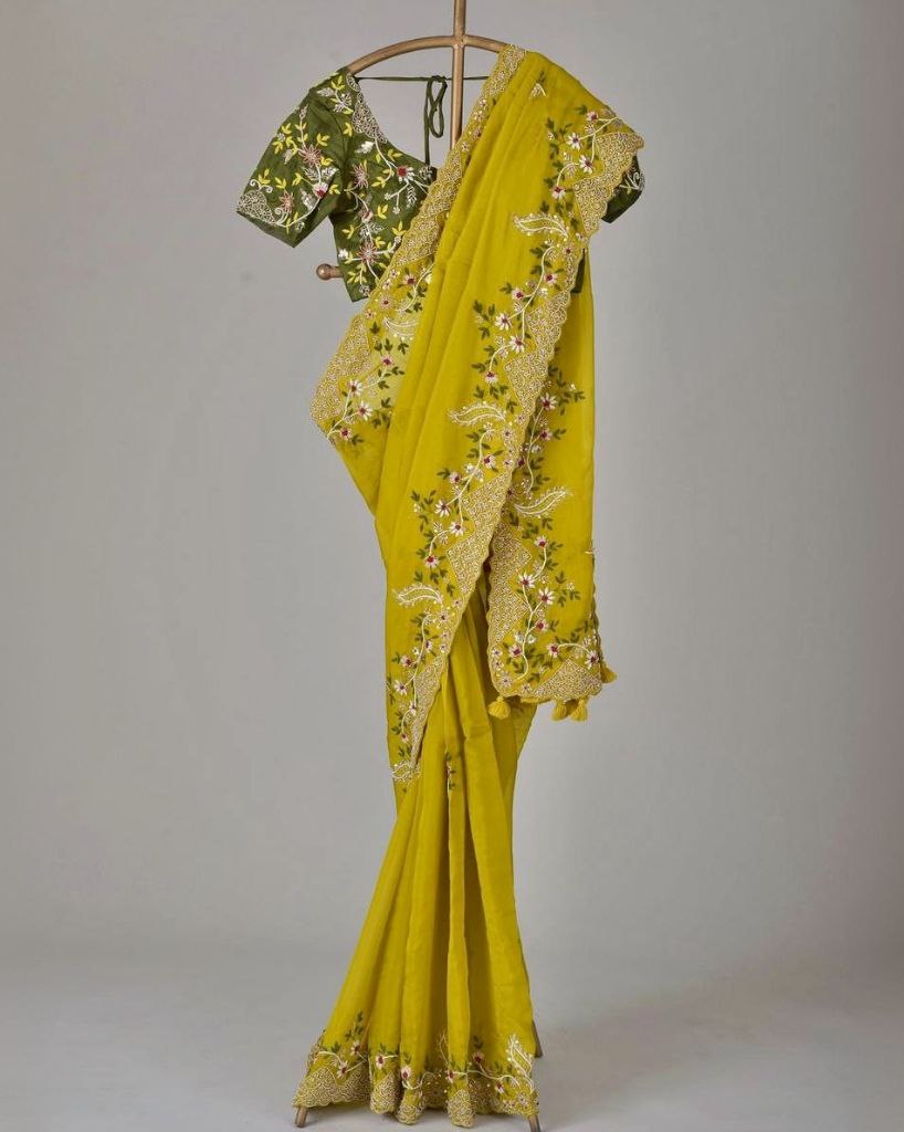 Designer Yellow Chinon Silk Embroidery Work Saree With Blouse