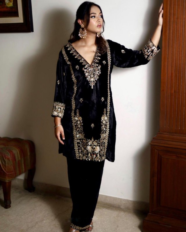 Ready To Wear Black Micro Velvet Embroidery Work Pakistani Suit