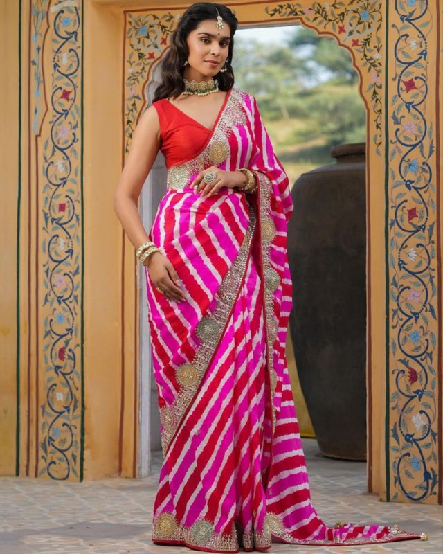 Designer Multi Vichitra Silk Digital Print Work Saree With Red Blouse