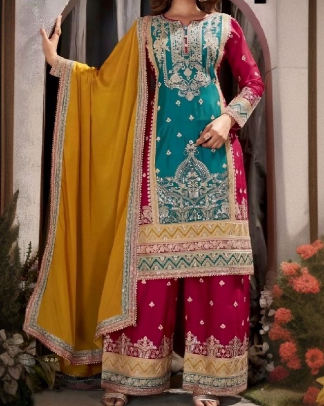 Ready To Wear Pink&Rama Pure Georgette Embroidery Work Plazzo Suit With Dupatta