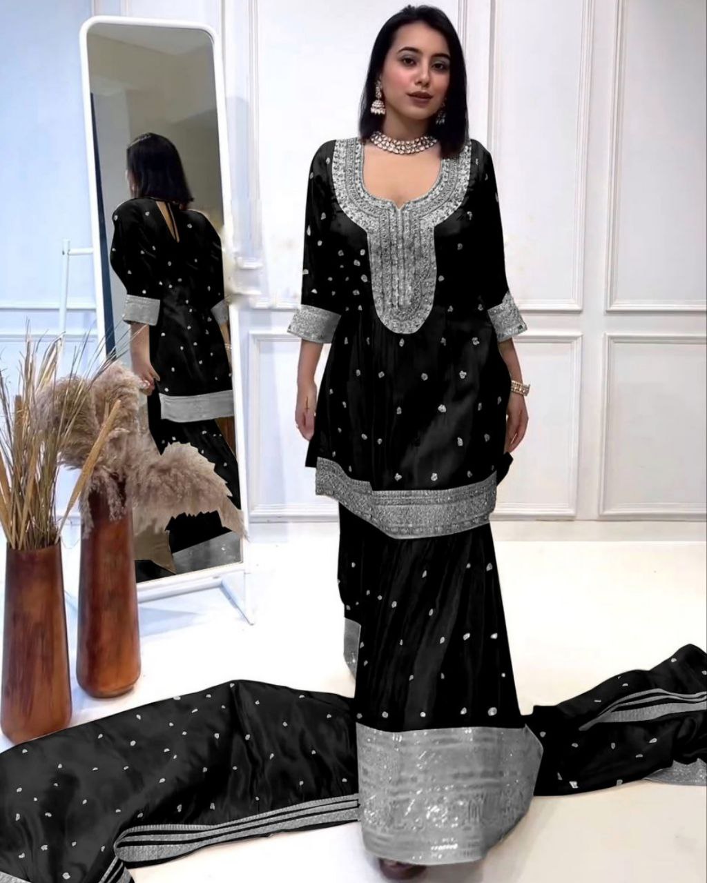 Ready To Wear Black Chinon Silk Embroidery Work Plazzo Suit With Dupatta