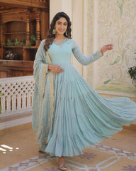 Ready To Wear Sky Pure Georgette Embroidery Work Anarkali Gown Wit Dupatta