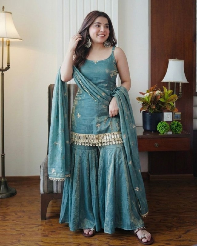 Exclusive Sea Green Simmer Silk Embroidery Palazo Kurti With Dupatta