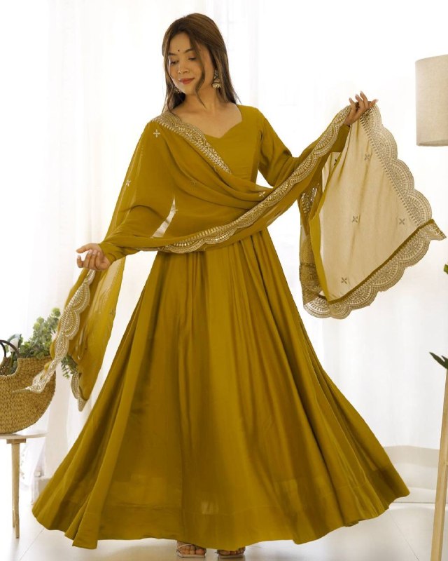 Premium Mustard Chanderi Roman Silk Embroidery Anarkali Suit With Dupatta