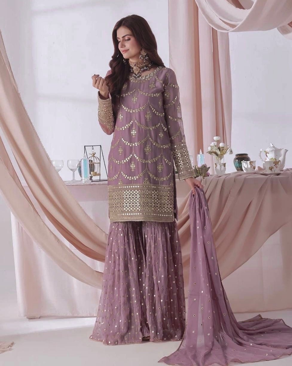 Ready To Wear Red Lavender Peach Blue Soft Georgette Embroidery Kurti Sharara With Dupatta