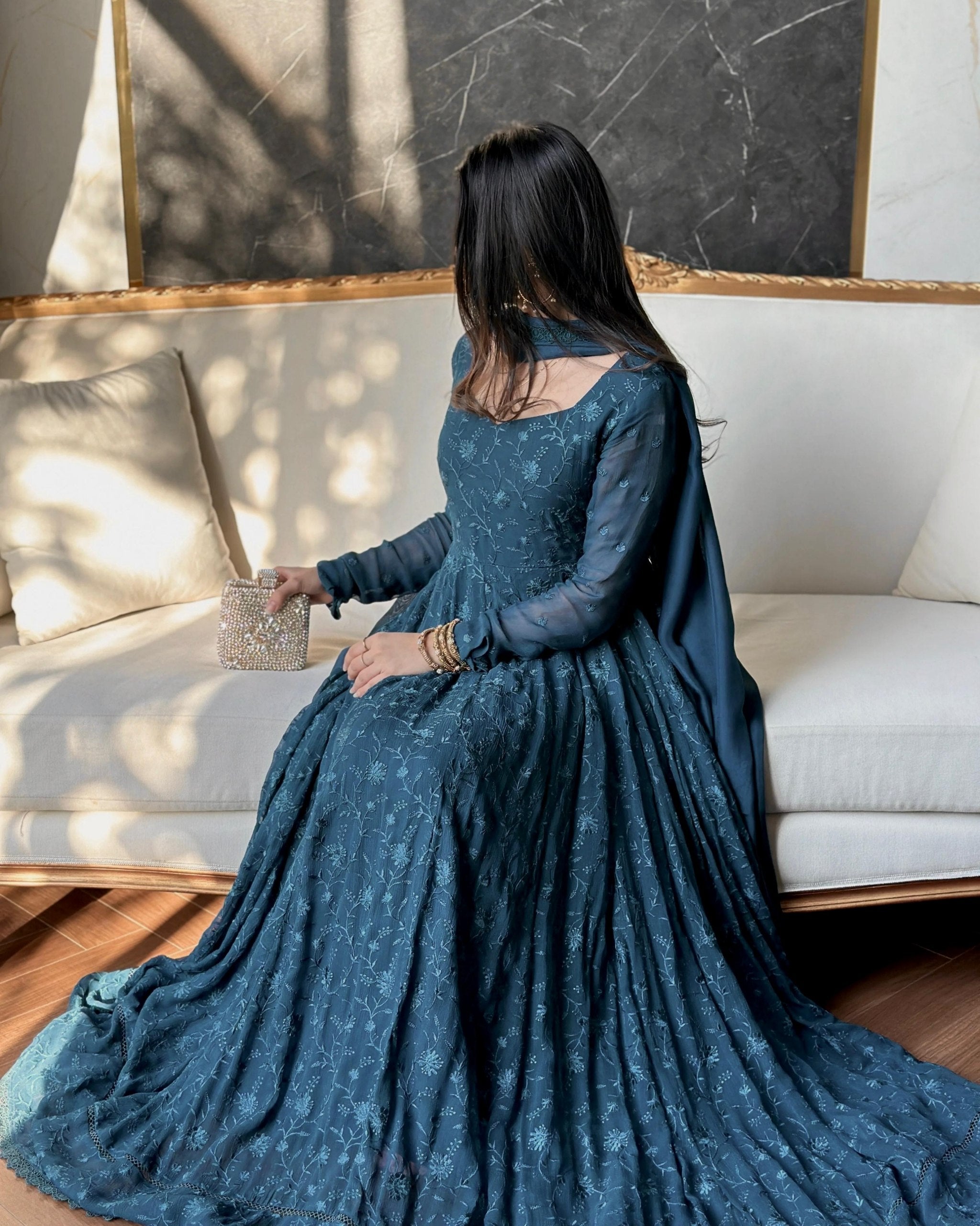 Ready To Wear Deep Teal Blue Soft Georgette Embroidery Gown Pant With Dupatta