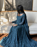 Ready To Wear Deep Teal Blue Soft Georgette Embroidery Gown Pant With Dupatta