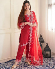 Designer Tomato Red Organza Embroidery Work Pant Suit With Dupatta