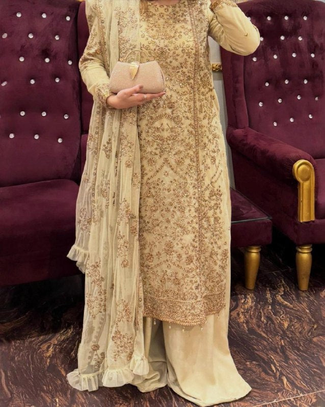 Exclusive Beige Gold Soft Georgette Zari Embroidery Palazo Kurti With Dupatta