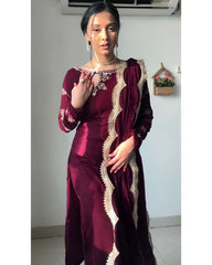 Ready To Wear Maroon Micro Velvet Embroidery Work Pant Suit With Dupatta