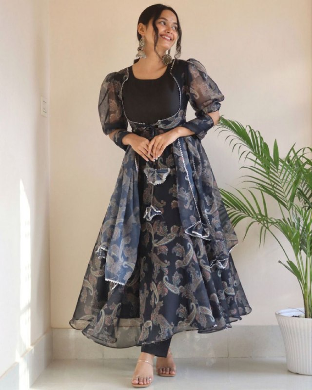 Ready To Wear Blue Grey Georgette Digital Printed Anarkali Suit With Dupatta