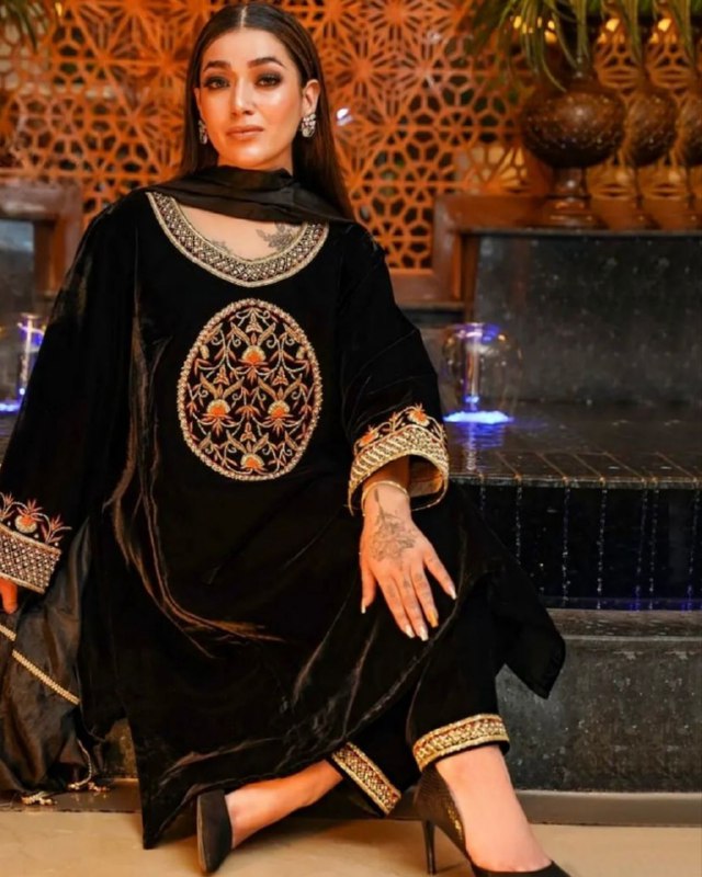 Designer Black Heavy Velvet Embroidery Work Pant Suit With Dupatta