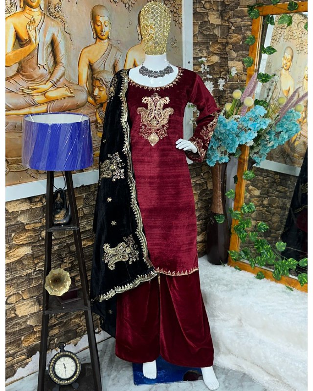 Ready To Wear Maroon Micro Velvet Sequence Work Plazzo Suit With Dupatta