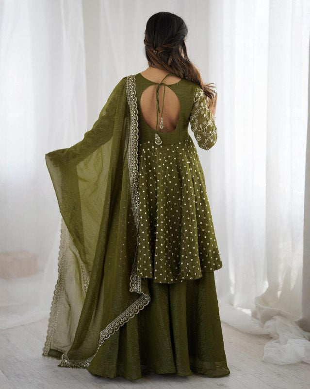 Exclusive Yellow Mehendi Maroon Crunchy Silk Embroidery Frock Palazo With Dupatta