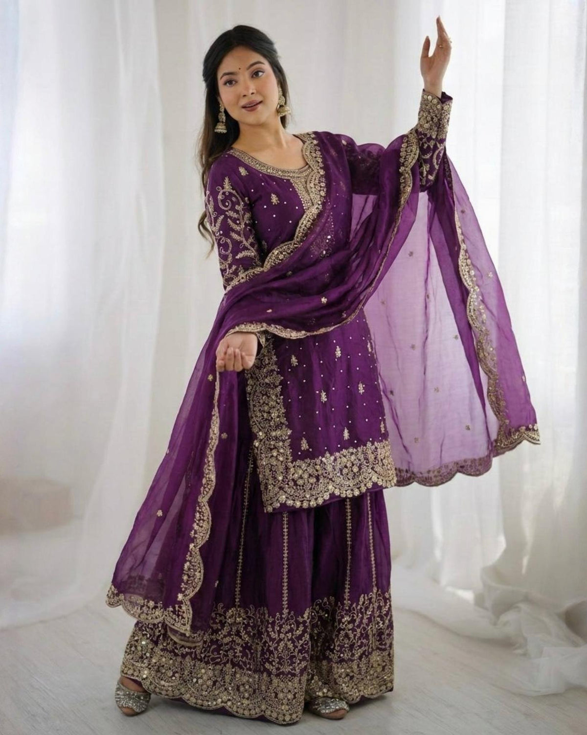 Exclusive Purple Green Simmer Silk Embroidery Palazo Kurti With Dupatta