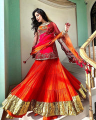 Ready To Wear Orange Pure Georgette Embroidery Work Sharara Suit With Dupatta