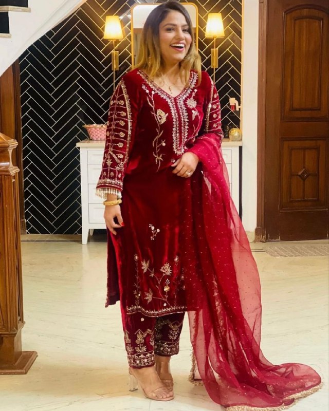 Ready To Wear Rose Red Velvet Embroidery Work Pant Suit With Dupatta