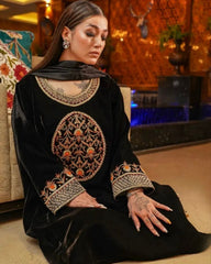 Designer Black Heavy Velvet Embroidery Work Pant Suit With Dupatta