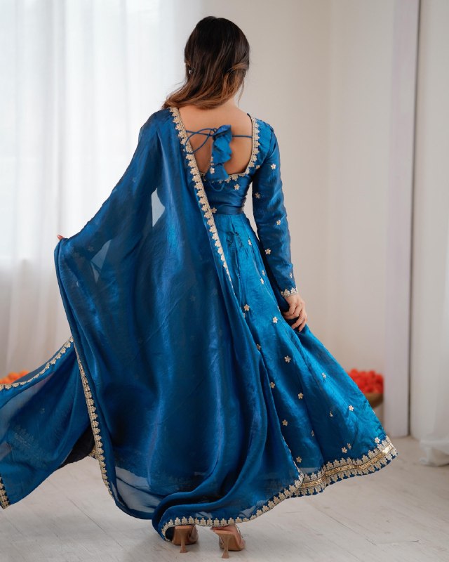 Premium Blue Shimmer Chanderi Silk Anarkali Pant With Dupatta