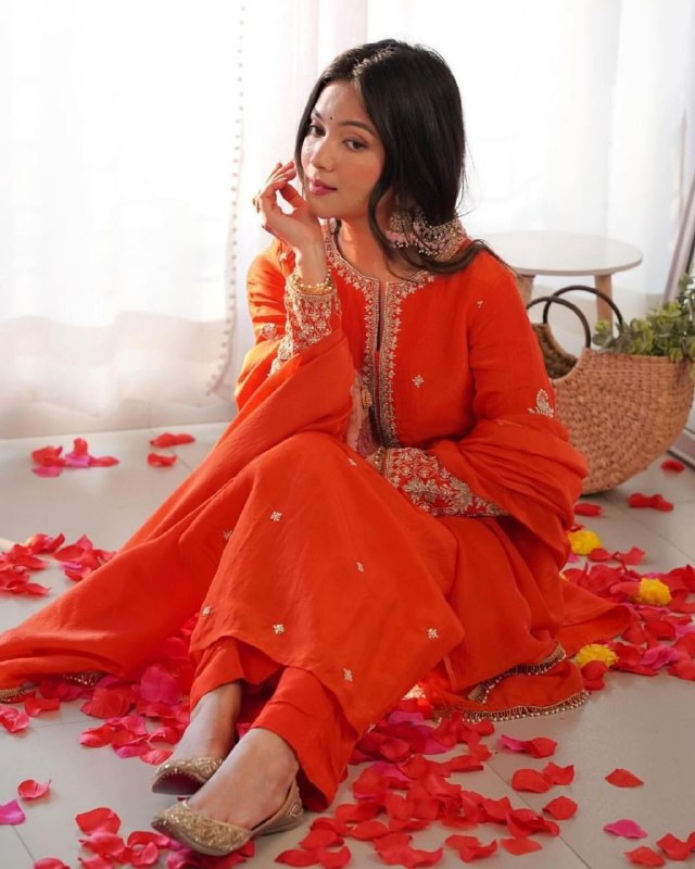 Ready To Pure Orange Pure Georgette Embroidery Work Pant Suit With Dupatta