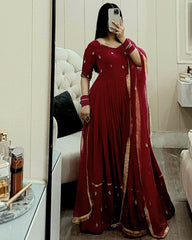 Ready To Wear Maroon Pure Georgette Embroidery Work Anarkali Suit With Dupatta