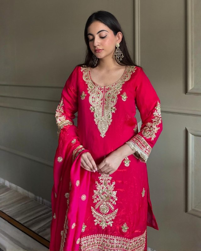 Ready To Wear Red And Blue Simmer Silk Palazo Kurti With Dupatta