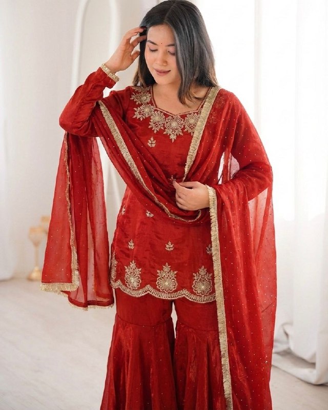 Ready To Wear Orange Chinon Silk Embroidery Sharara Kurti With Dupatta