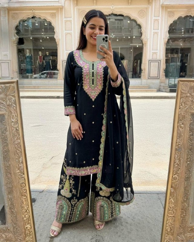 Ready To Wear White And Black Chinon Silk Embroidery Sharara Kurti With Dupatta