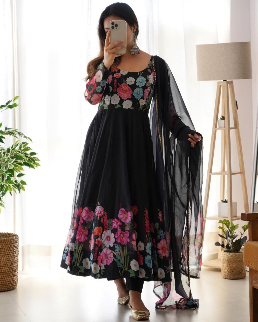 Ready To Wear Black Organza Silk Floral Print Work Anarkali Suit With Dupatta