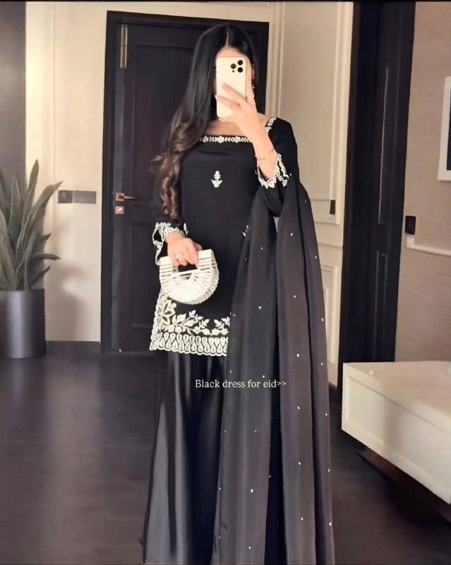 Exclusive Black Natural Crep Silk Embroidery Palazo Kurti With Dupatta
