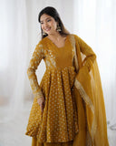 Exclusive Yellow Mehendi Maroon Crunchy Silk Embroidery Frock Palazo With Dupatta