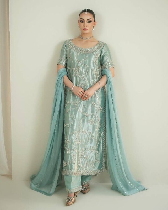 Ready To Wear Sea Green Simmer Silk Palazo Kurti With Dupatta