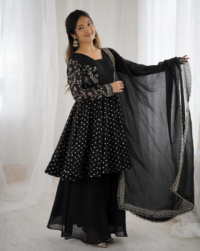 Exclusive Pink Black Crunchy Silk Embroidery Frock Palazo With Dupatta