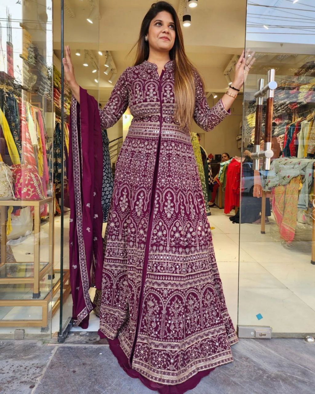 Premium Purple Heavy Georgette Embroidery Gown Suit With Dupatta