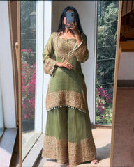 Exclusive Yellow And Green Frendy Silk Embroidery Palazo Kurti With Dupatta
