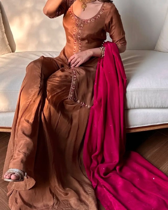 Ready To Wear Brown Pure Glass Satin Silk Palazo Kurti With Dupatta