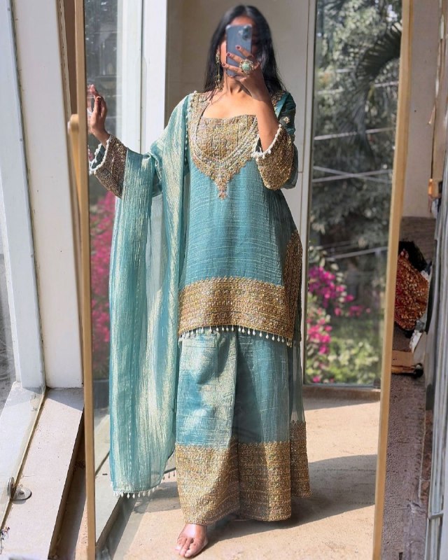 Exclusive Pink And Sky Frendy Silk Embroidery Palazo Kurti With Dupatta